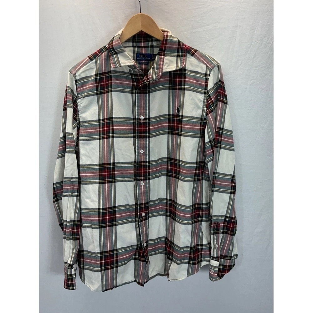 Polo Ralph Lauren Classic Fit Plaid Flannel Shirt Youth‎ XL Ivory Red Button Up